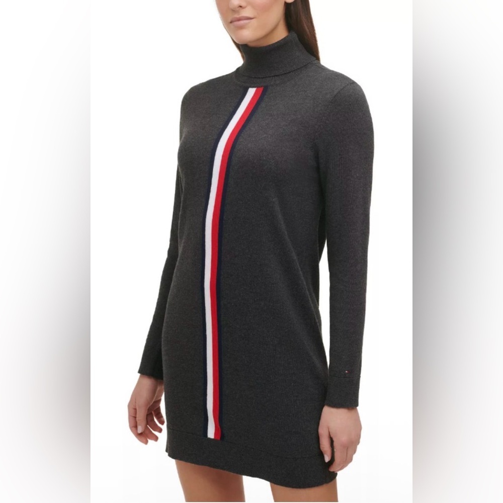🔥Tommy Hilfiger Charcoal Turtleneck Sweater Dress Signature Flag Stripe XL NWT